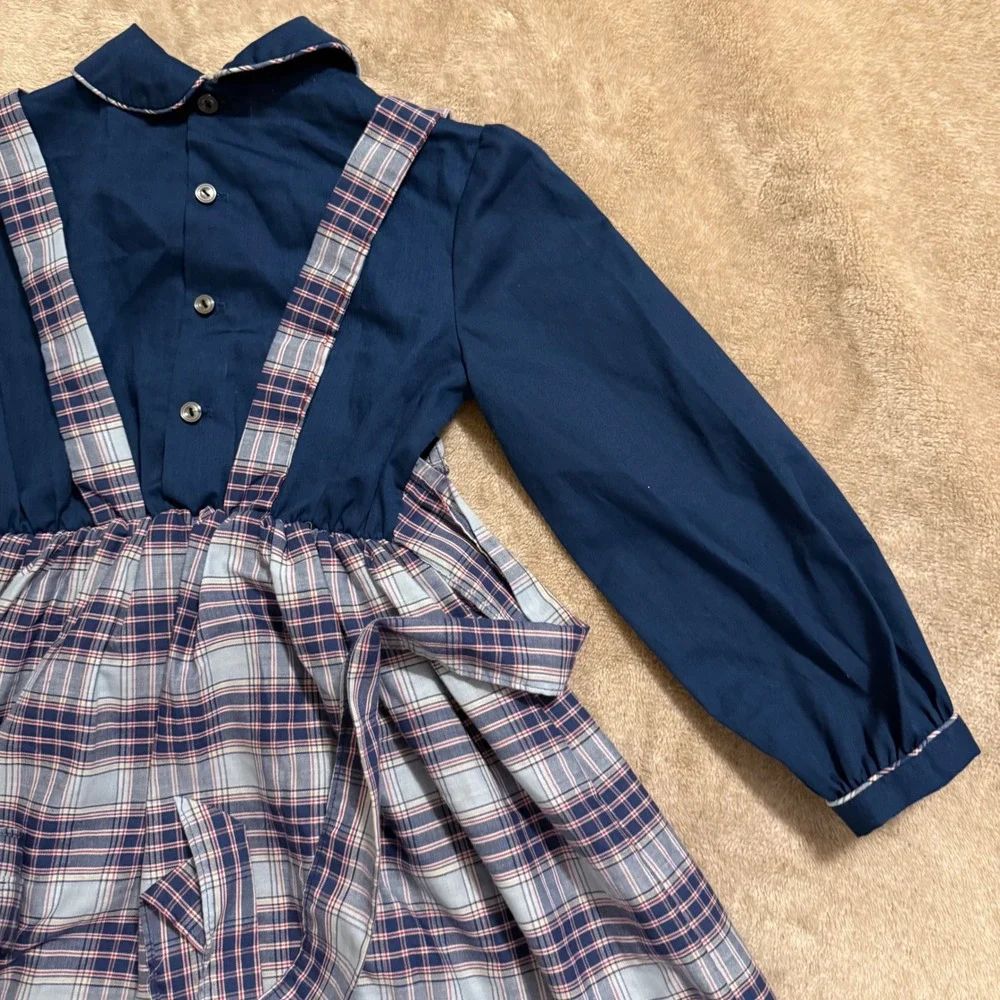 Polly Flinders Vintage Navy Plaid Hand Smocked Dress Girls 6X
